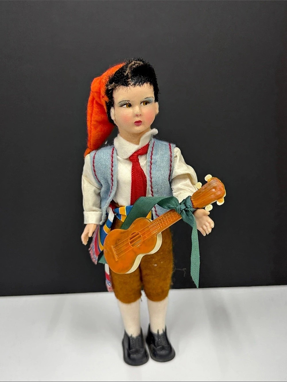 Vintage European Folk Costume Boy Doll 7” Guitar Musician Traditional Dress